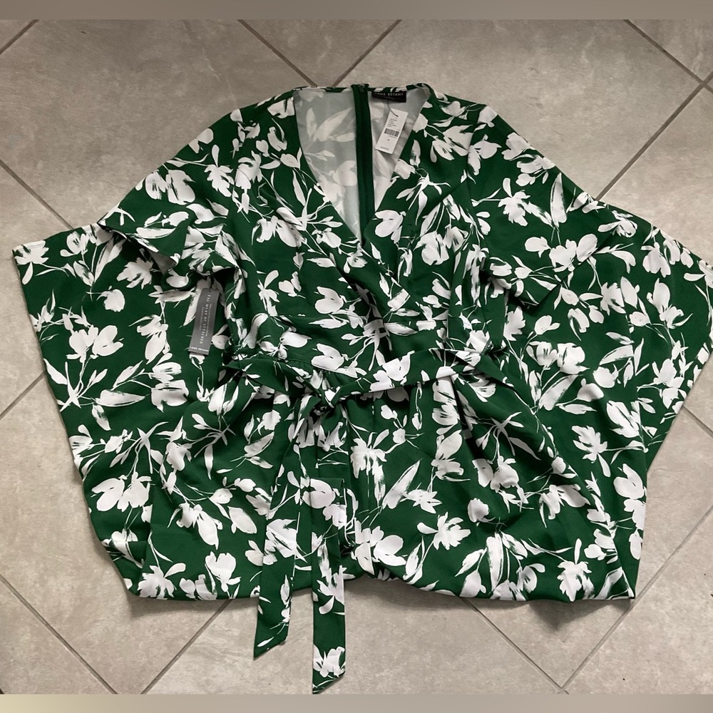 NWT Lane Bryant Green and White Leaf Print Wide Leg Romper